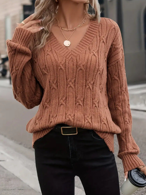 Women Clothing Autumn Winter V neck Sweater Women Twist Thread Solid Color Sweater Loose Top