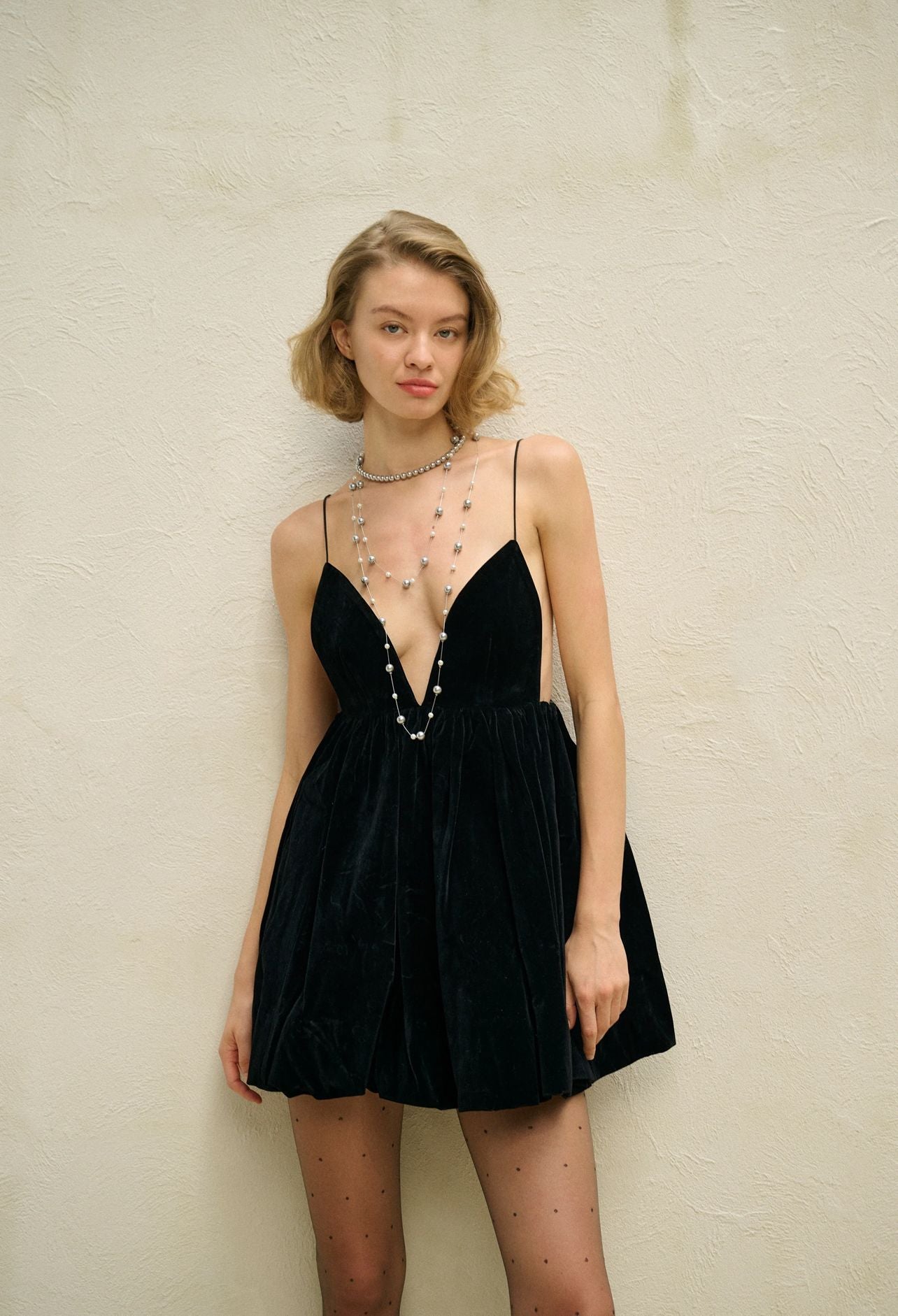 Spring Summer Elegant Velvet Sexy Suspenders Deep V Plunge High Waist Lantern Dress