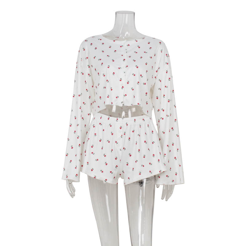 Girls Sexy Long Sleeved Cardigan Short Top Floral Wooden Ear Home Casual Suit Shorts Two Piece Sets