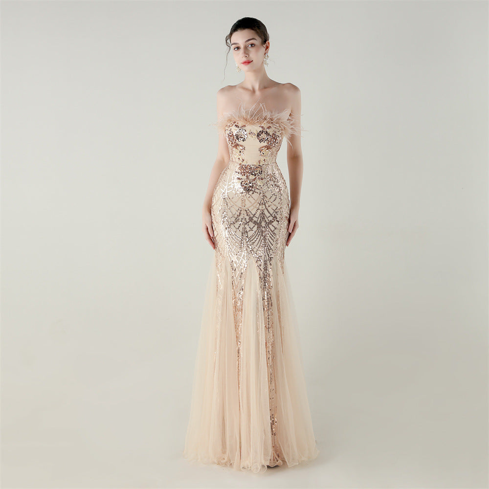 Sequin Beaded Tube Floral Ostrich Feather Tube Top Cross Strap Mesh Fishtail Evening Dress Cocktail Wedding