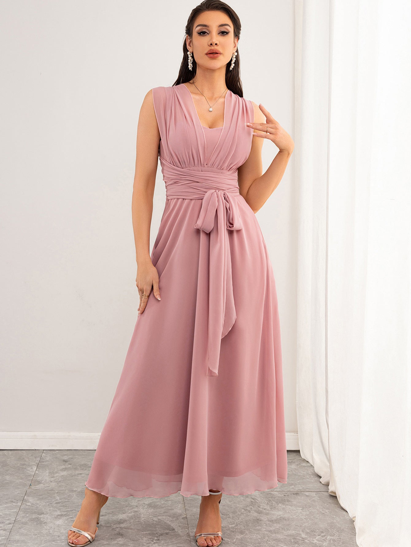 Women Clothing Sexy Backless Chiffon Pink Dress Maxi Dress Summer