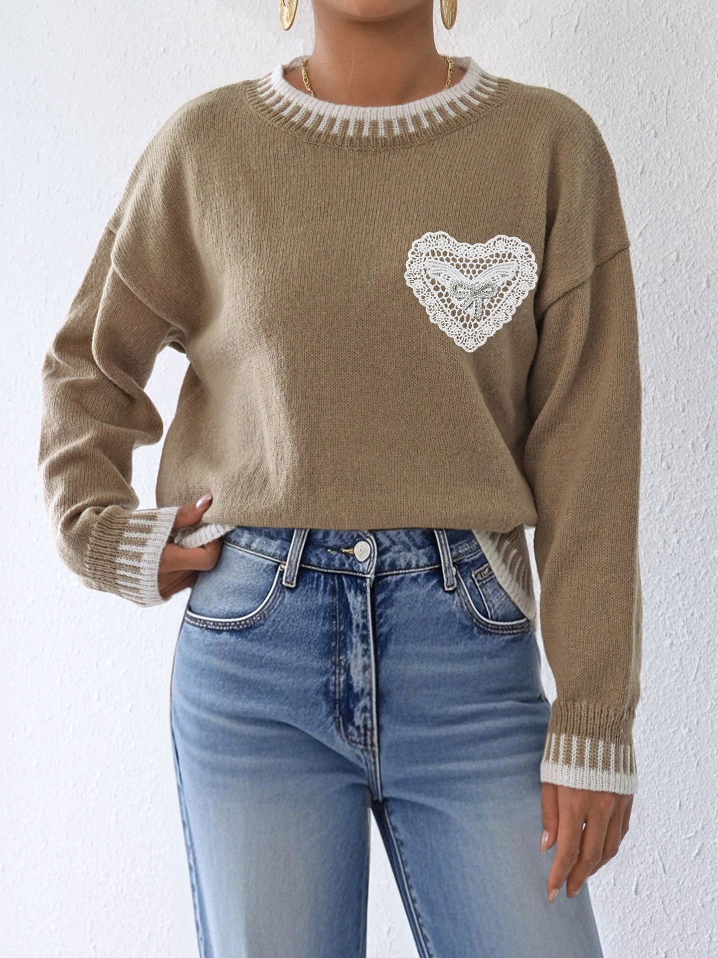 Autumn Winter Women Clothing Color Contrast Patchwork Loose Sweater Three Dimensional Bright Brick Butterfly Lace Love Pocket