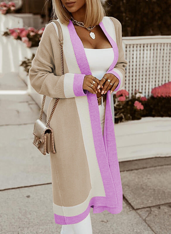 Autumn Winter Long Sweater Coat Women Color Matching Simple Elegant Loose Casual Long Cardigan Women Sweater