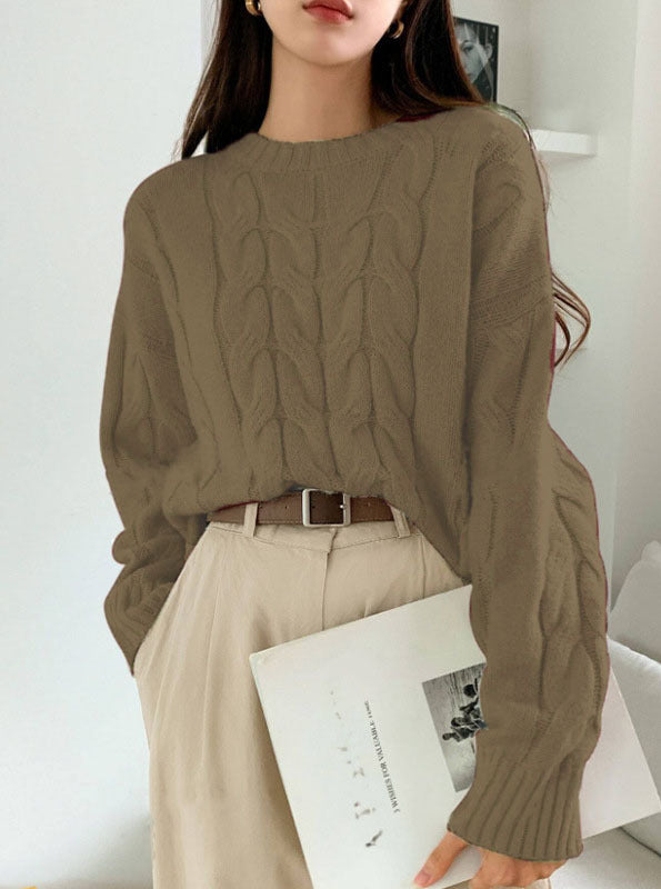 Autumn Winter Women Cable Knit Pullover Sweater Loose round Neck Solid Color All Matching Trendy Knitwear Top