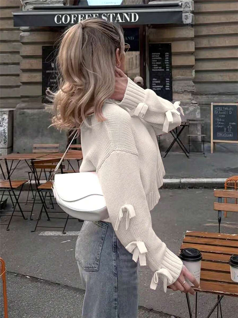 Women Clothing Autumn Winter Simple Bow Sleeve Short Loose Pullover