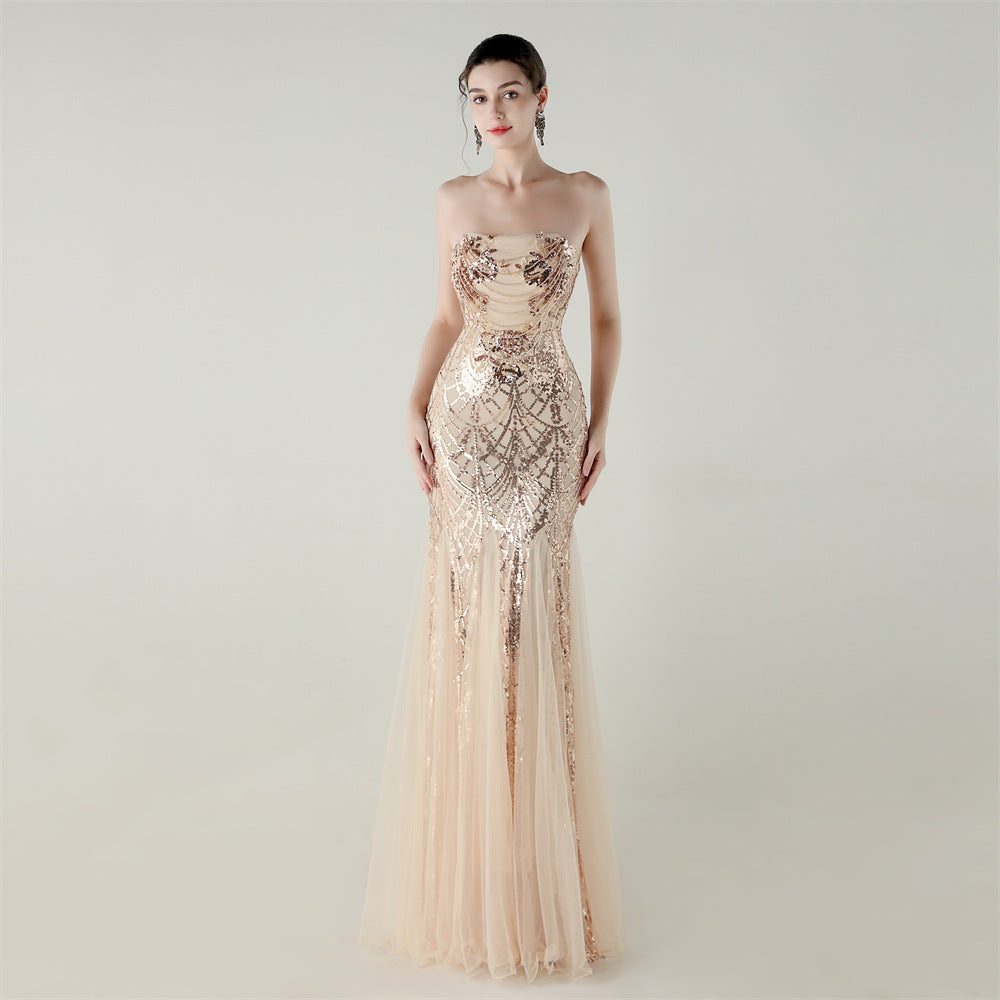 Mesh Heavy Industry Beaded Tube Floral Evening Dress Tube Top Fishtail Dress Swing Cocktail Social Socialite