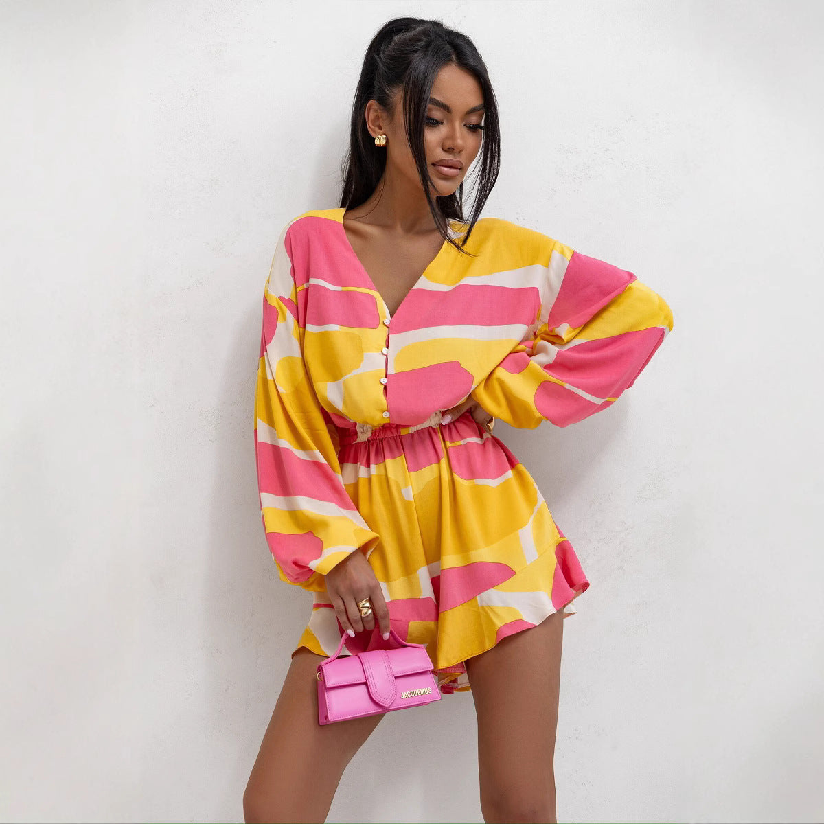 Women Clothing Summer V neck Printed Long Sleeve Waist Trimming Ruffles Shorts Jumpsuit