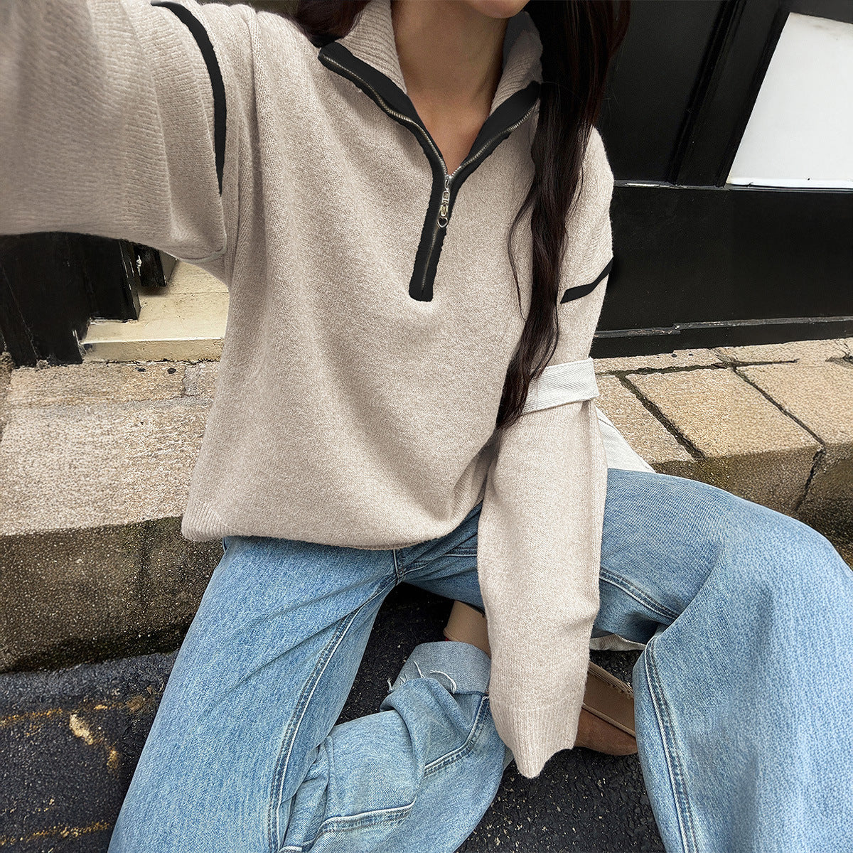 Casual Simple Solid Color Long Sleeve Zipper Sweaters Women Clothing Autumn Winter