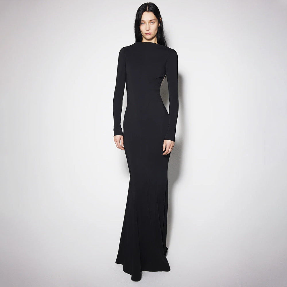 Women Clothing Summer Sexy Long Sleeve Backless Lace Hip Elastic Metal Decoration Dress