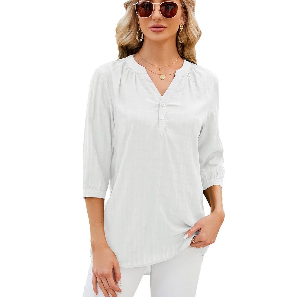 Spring Summer Solid Color V neck Loose Half Sleeve Shirt Women
