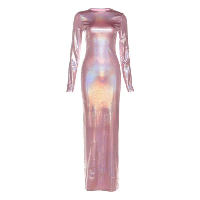 Women Clothing Autumn Slim Fit round Neck Long Sleeves Solid Color Thin Glittering Dress Maxi Dress