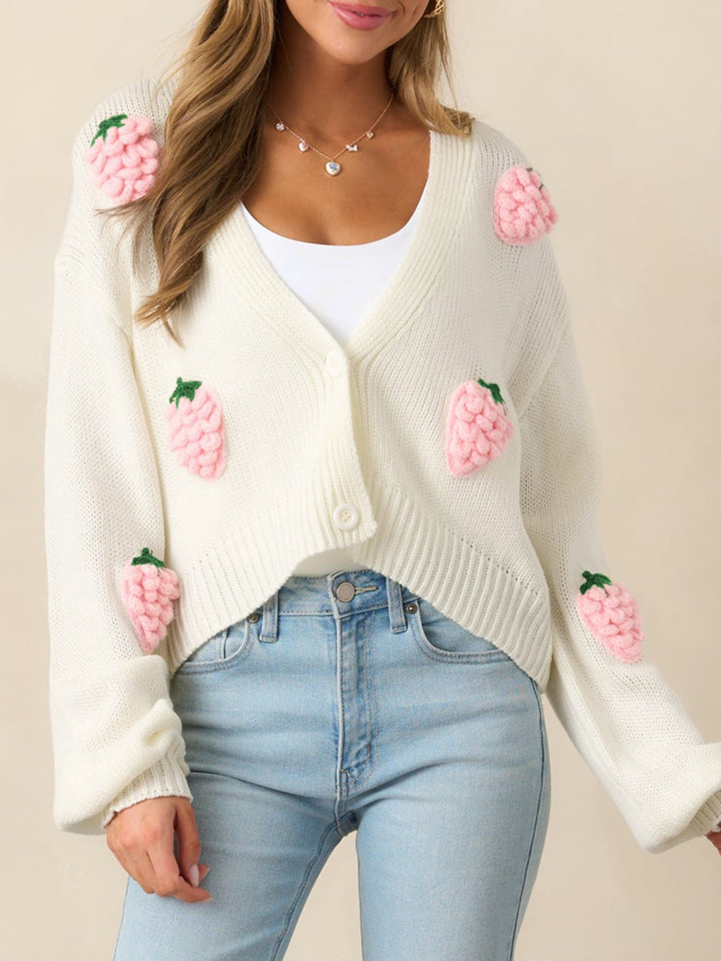 3D Strawberry Pattern Women Elegant Sweater Cardigan Autumn Winter Button Long Sleeve Sweater