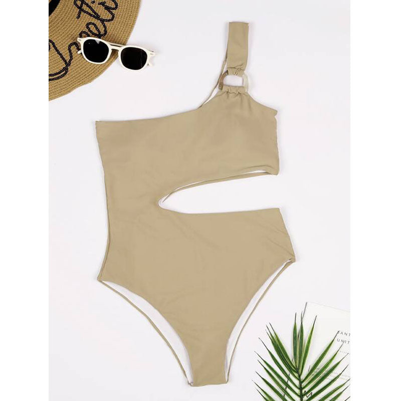 Solid Color One-piece Swimsuit Women Sexy Waist Hollow-out Swimsuit One-shoulder Two-color Swimsuit