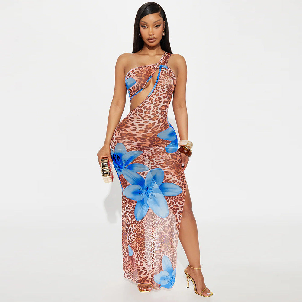Women Clothing Diagonal Collar Hollow Out Cutout out See through Mesh Floral Print Dress