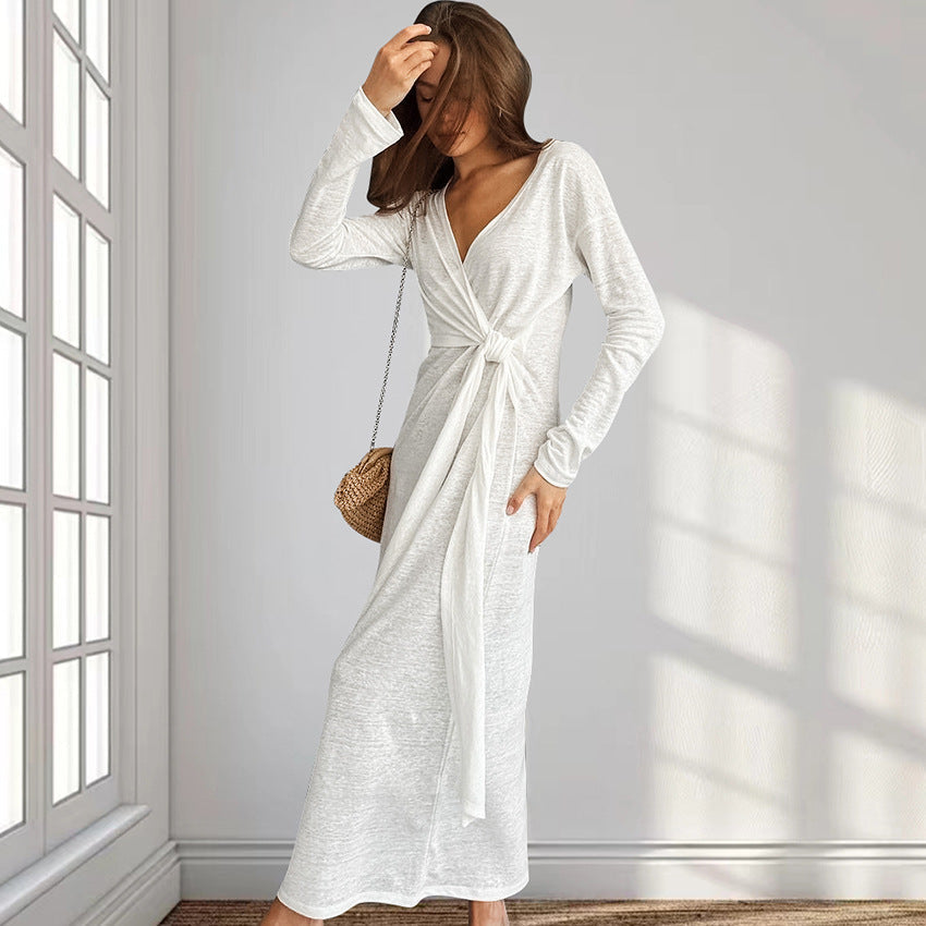 Autumn Comfort Loose Knitted Nightgown Breathable Long Sleeves Lace up Soft Outerwear Homewear