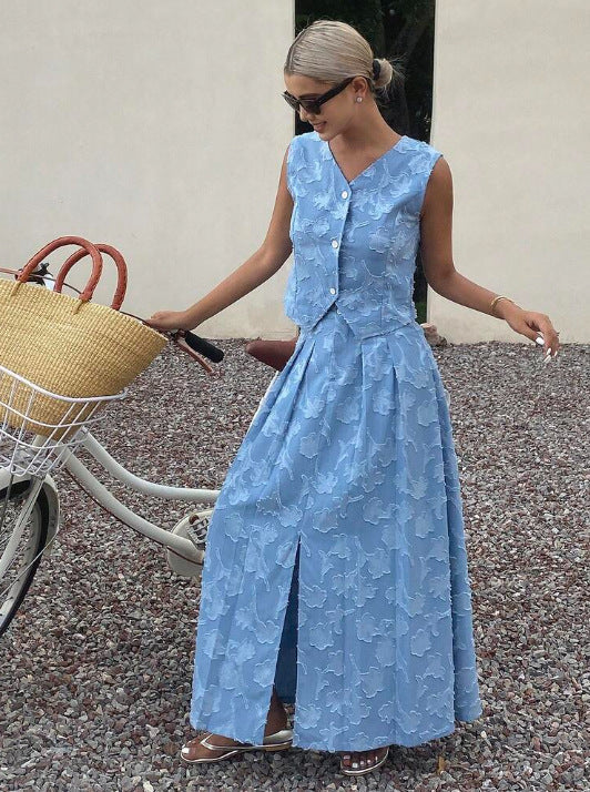 Women Casual Fashionable Stylish Jacquard Vest Nipped Waist Skirt Two Piece Sets
