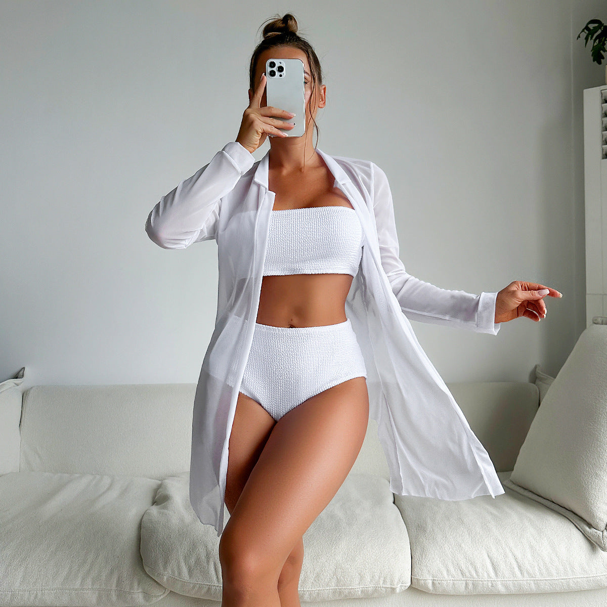 Swimsuit Women's Split High Waist Solid Color Bikini Internet Celebrity Blouse Long Sleeve Swimsuit