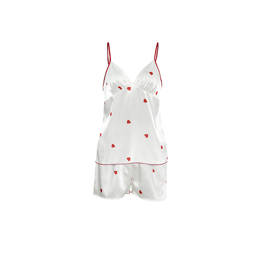 Spring Homewear Heart Printing Suspender Shorts Sexy Two Piece Set Satin Women Pajamas