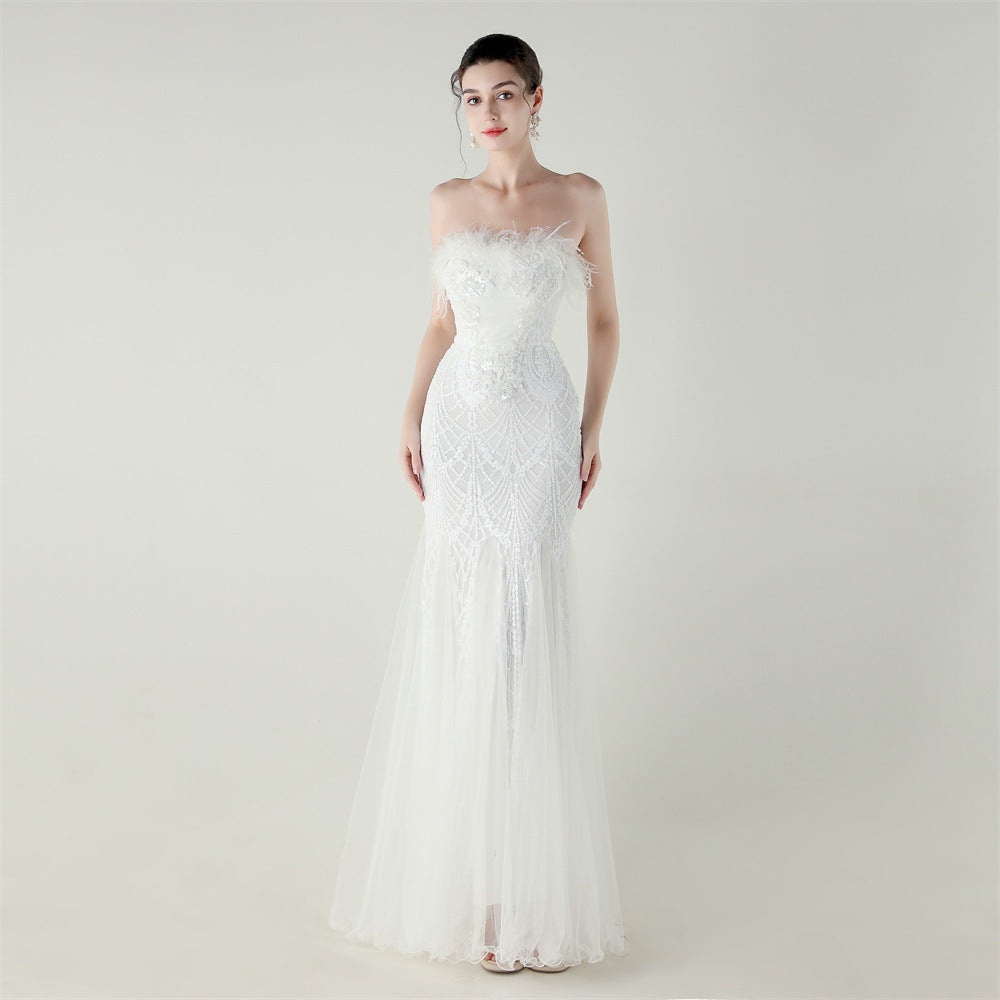 Sequin Beaded Tube Floral Ostrich Feather Tube Top Cross Strap Mesh Fishtail Evening Dress Cocktail Wedding