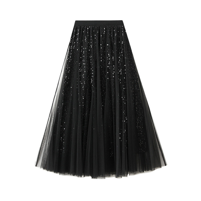 High Grade Sequin Gauze Skirt Women Draping Super Fairy Gauze Skirt Covering Large Swing A line Long Skirt