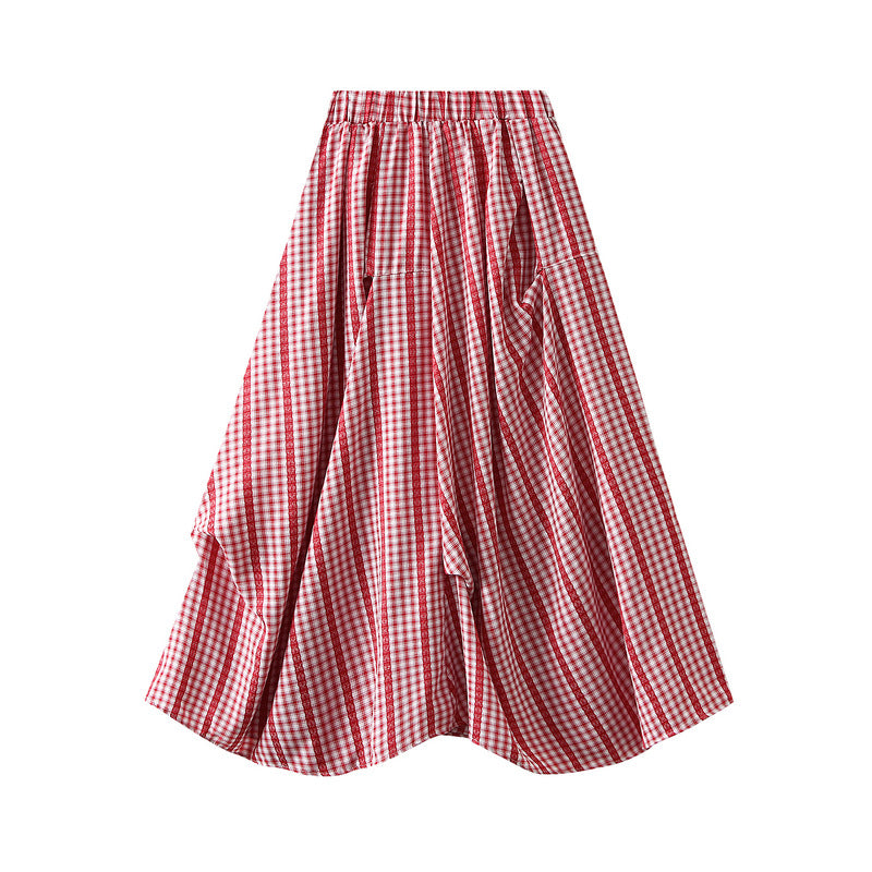Blue Plaid Irregular Asymmetric Skirt Women Summer Niche Long Skirt Pleated Loose Skirt