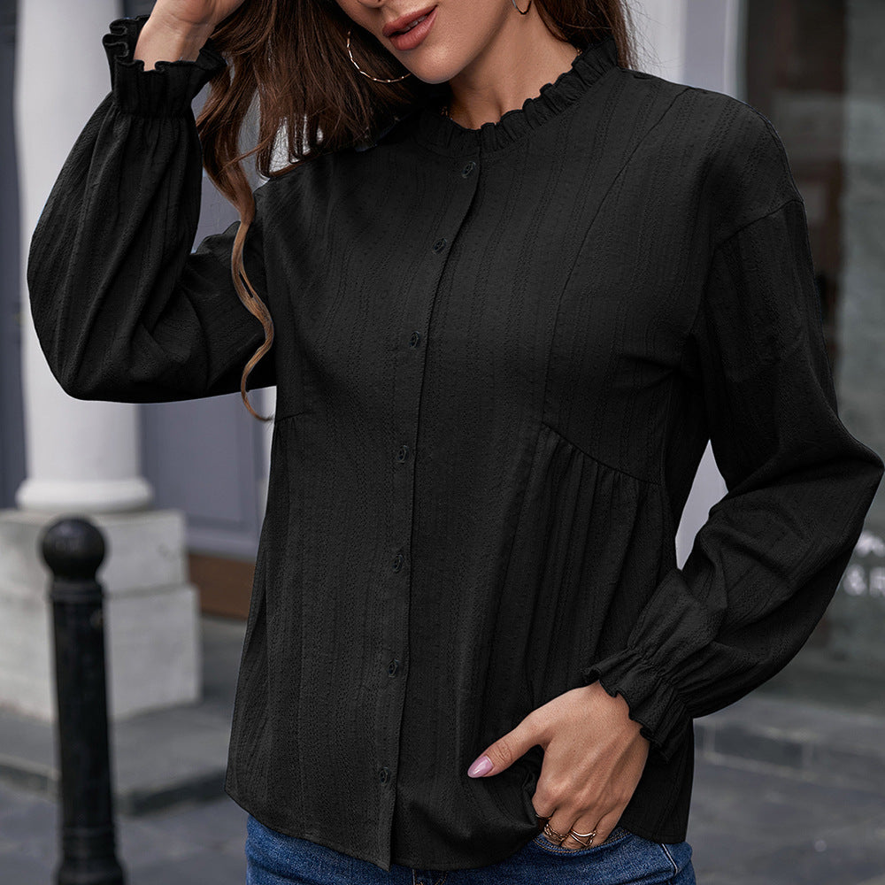 Office Slim Fit Ruffled Long Sleeve Stringy Selvedge Stand-up Collar Single-Breasted Shirt Pure Cotton Shirt Top for Women