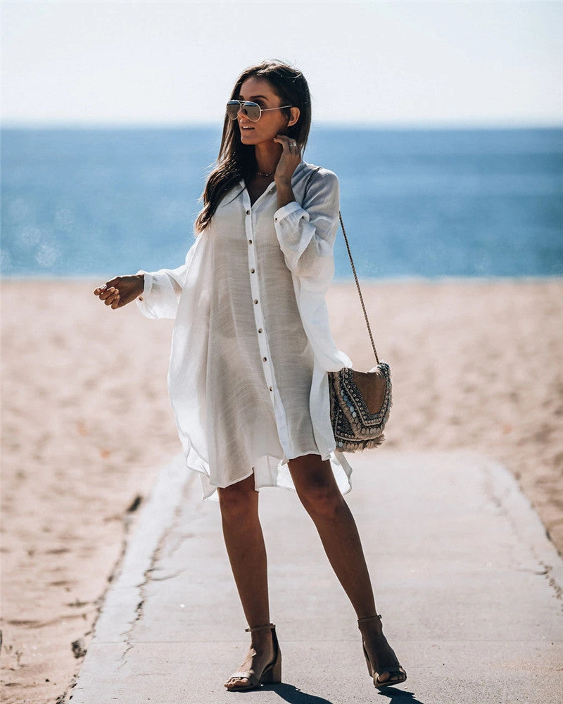 New Bamboo Shirt Single-Breasted Beach Sun Protection Shirt Seaside Casual Vacation Skirt