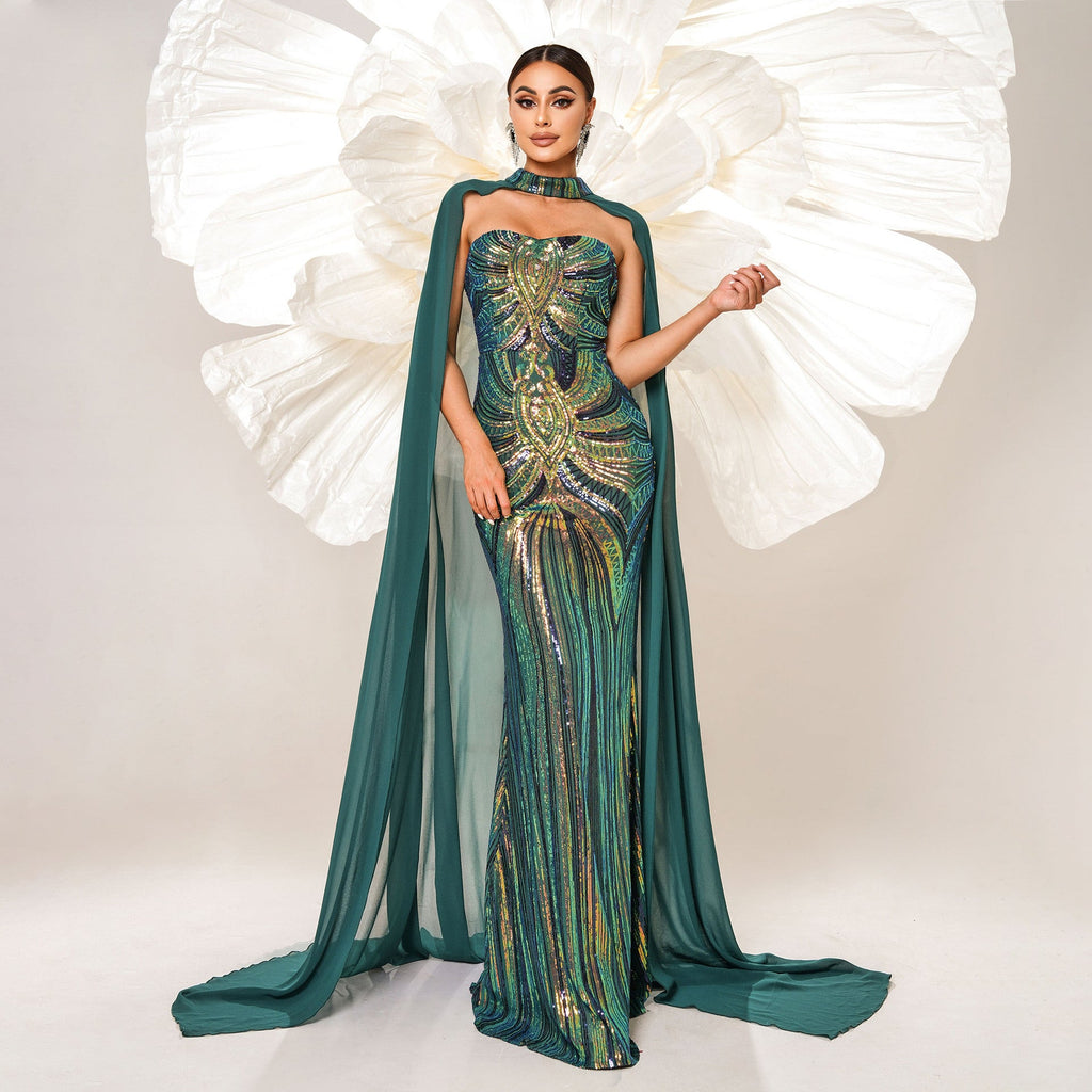 Long Sleeve round Neck Long Sequined Cocktail Cape Fishtail Evening Dress Bridesmaid Dress Dress Women