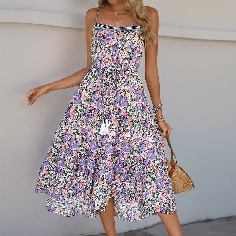 Women Summer Suspender Pleating Printed Ruffled Dress
