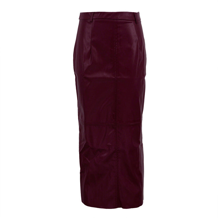 Women Clothing High Waist Split Skirt Women Faux Leather Wine Red Long Sheath Skirt