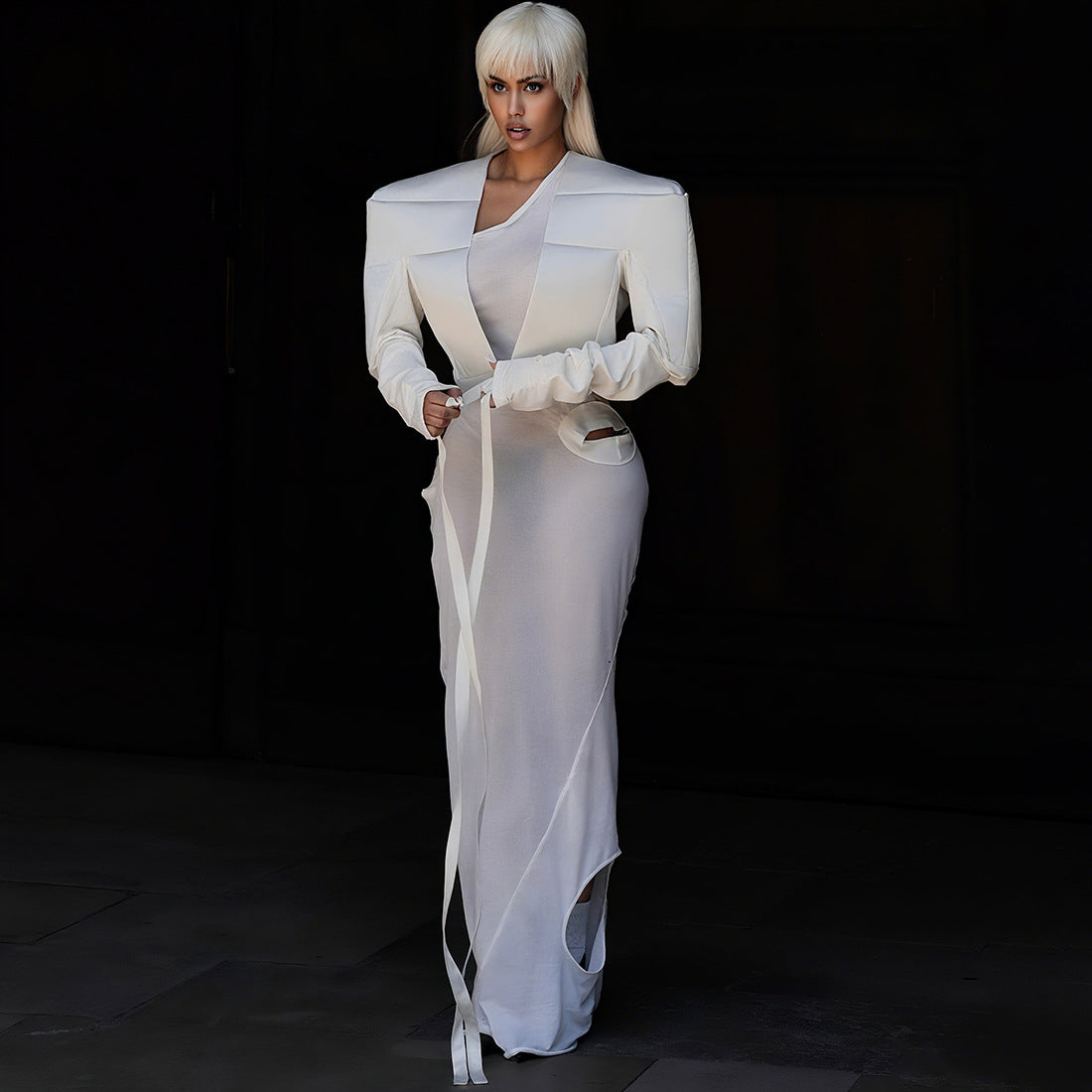 Women Clothing Personality Street Wide Shoulder Long Sleeve V neck Lace up Solid Color Short Coat