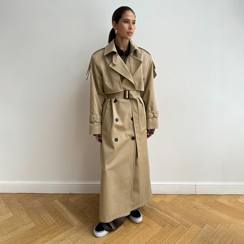 Extended Trench Coat Autumn Winter Pure Cotton Retro Baggy Coat Lace up Waist Trimming Trench Coat Women