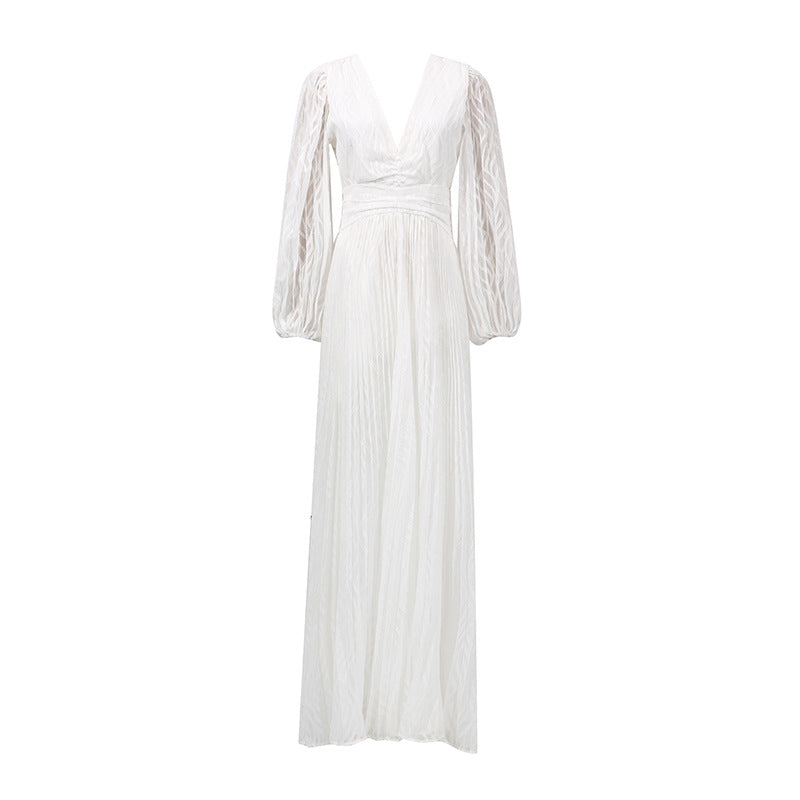 Spring Deep V Plunge neck Lantern Sleeve Maxi Dress Tight Waist Slimming Pleated Design Dress for Women