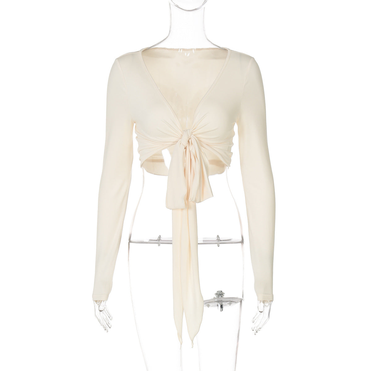 Women Clothing Summer Sexy Deep V Plunge neck Solid Color Cropped Strap Long Sleeved T shirt Top