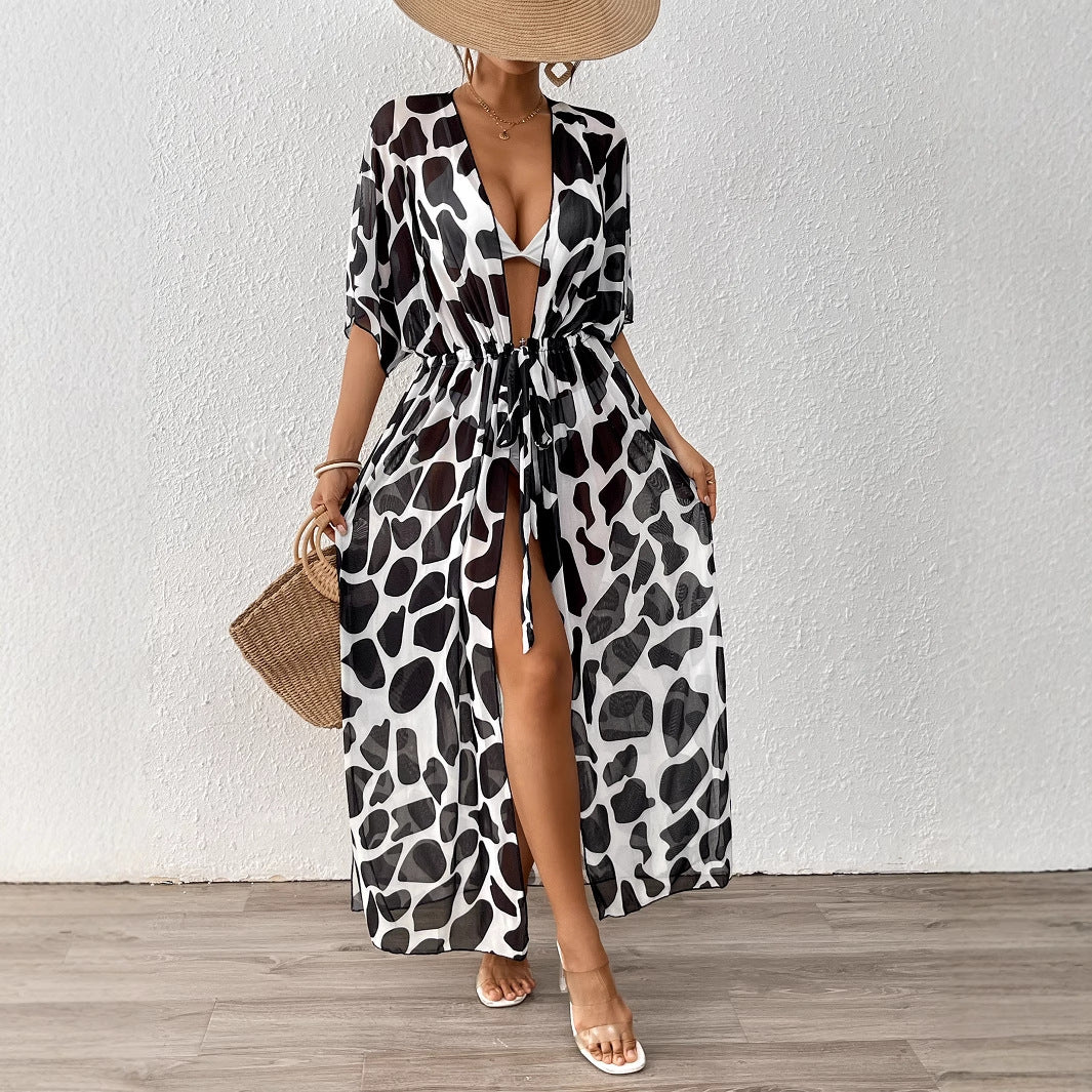 Women Cardigan Women Clothing Batwing Sleeve Lace up Waist Controlled Leopard Print Mesh Beach Beach Cover Up