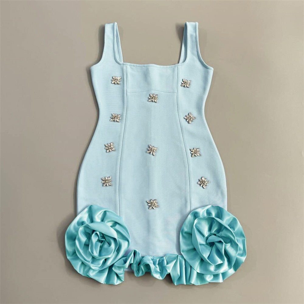 Sexy Niche Design Lace Rhinestone Sleeveless Bandage One Piece Dress Sheath Dress Mini Dress