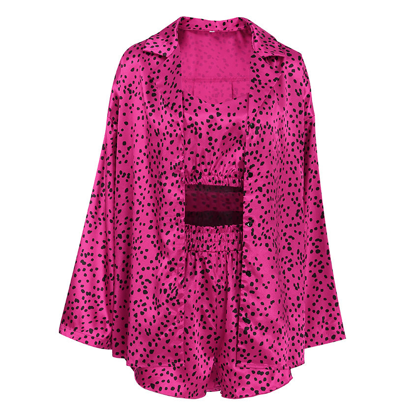 Autumn Satin Polka Dot Printed Homewear Underwear Shorts Outerwear Gown Three Piece Pajamas