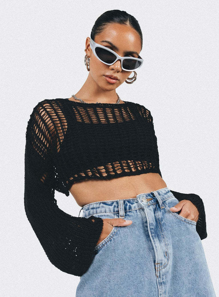 Women Clothing Summer Crew Neck Long Sleeve Sun Protective Blouse Hollow Out Cutout out Short Sexy Cropped Knitted Sweater Women