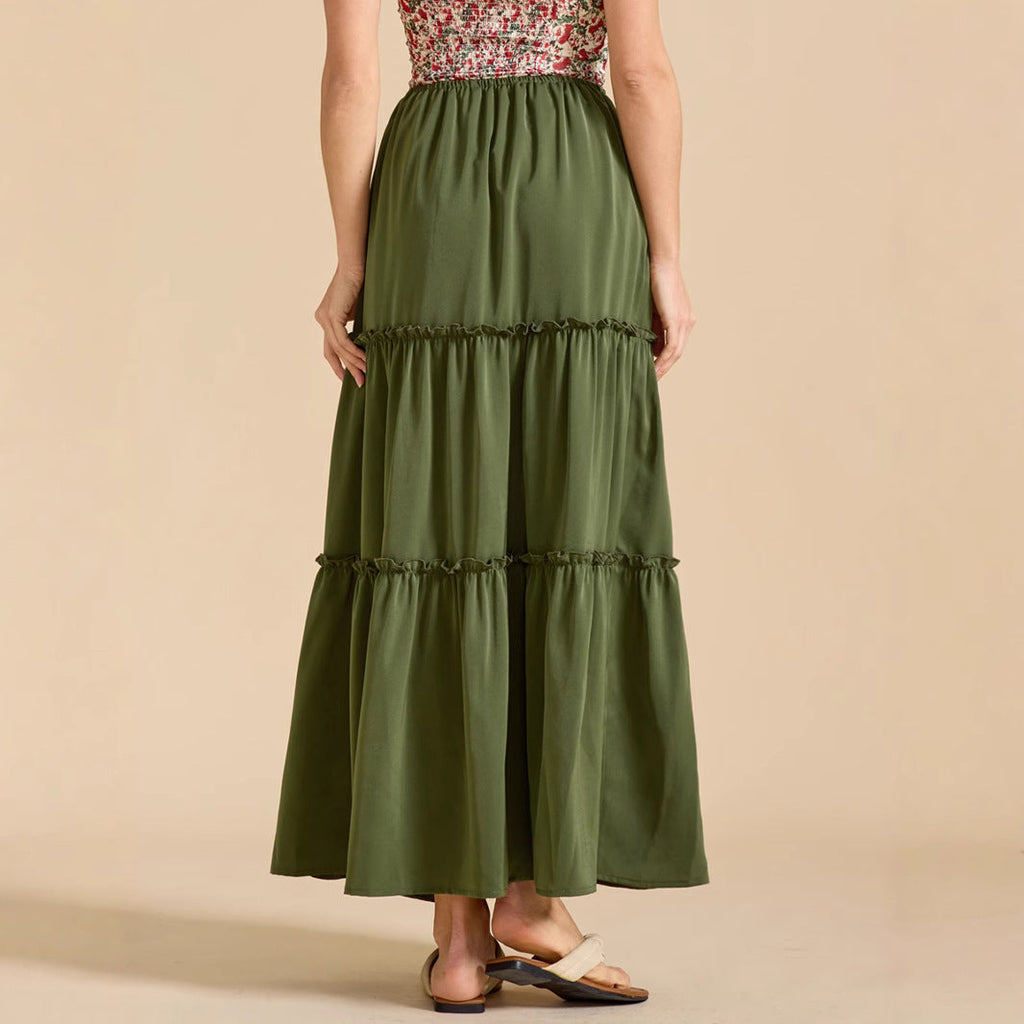 Women High Waist Elastic Pocket Long Adjustable Lace up Skirt Women