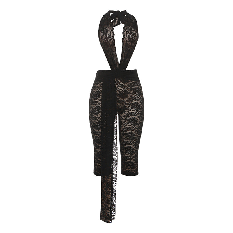 Autumn Winter Women Sexy Lace Halter Backless Ribbon High Waist Jumpsuit