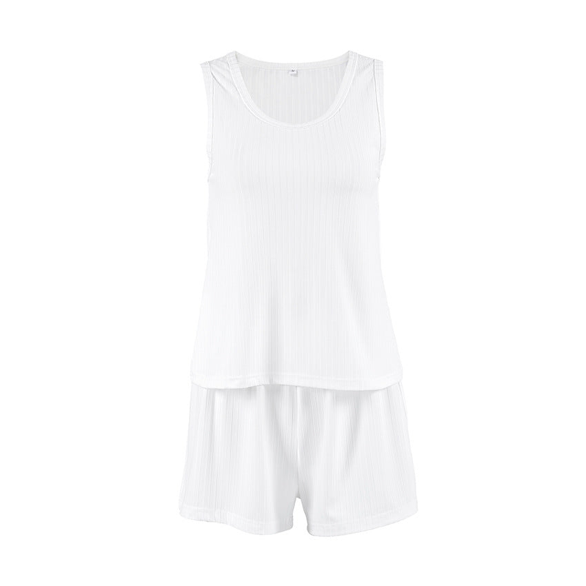 Spring Knitted Sunken Stripe Ladies Homewear Vest Shorts Two Piece Set Casual Soft Simple Pajamas
