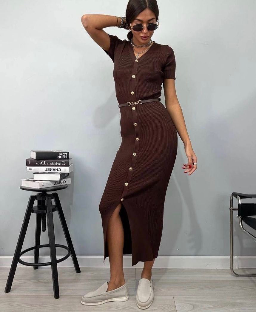 V neck Multi Breasted Dress Knitted Solid Color Slim Fit Short Sleeve Elegant Retro Long Knitted Hip Dress Women