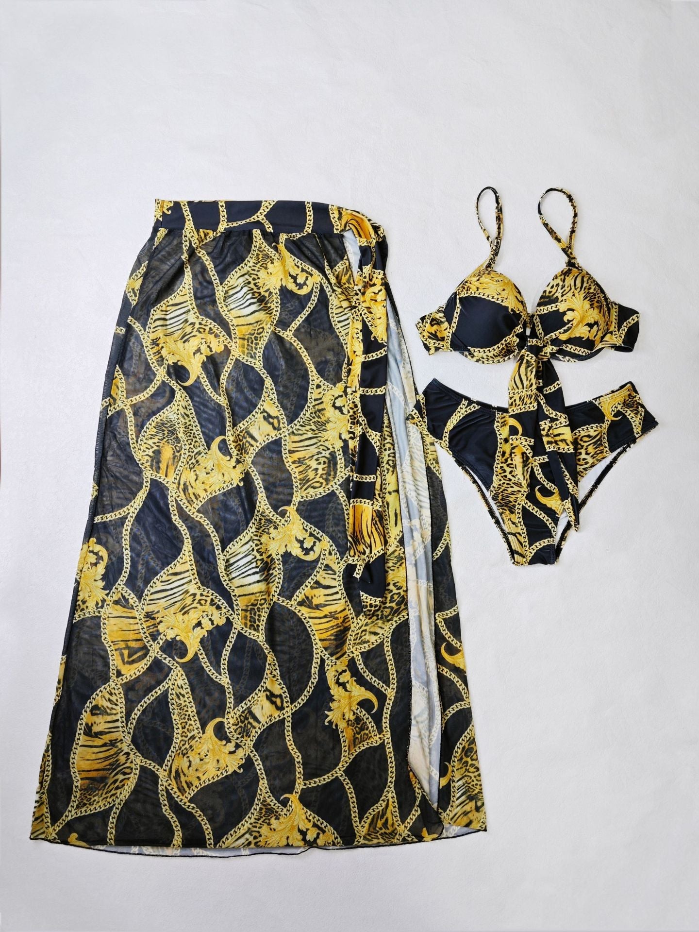 Women Swimwear Color Printed Three Piece Set Bikini