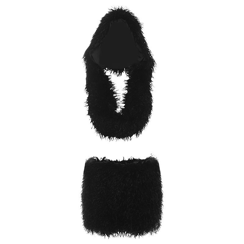 Autumn Backless Hooded Top Slimming Hip Skirt Solid Color Set for Women