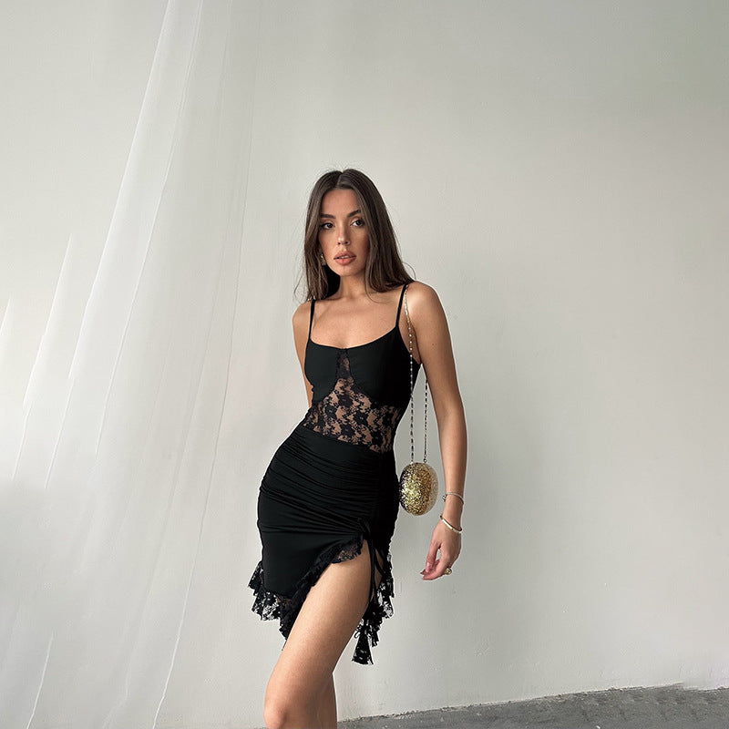 Sexy Strap Lace Stitching Hollow Out Cutout Slim Irregular Asymmetric Dress Short Dress