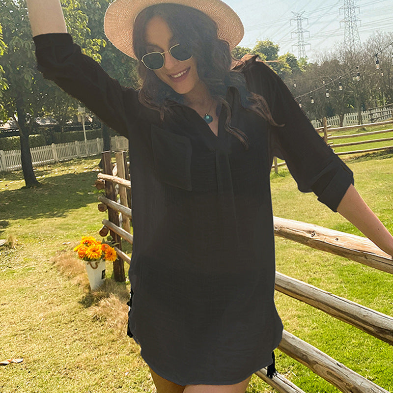 Vacation Sun Protection Coat Solid Color Loose Breathable Casual Long Sleeved Shirt Sun Protection Pullover Blouse Crochet hook