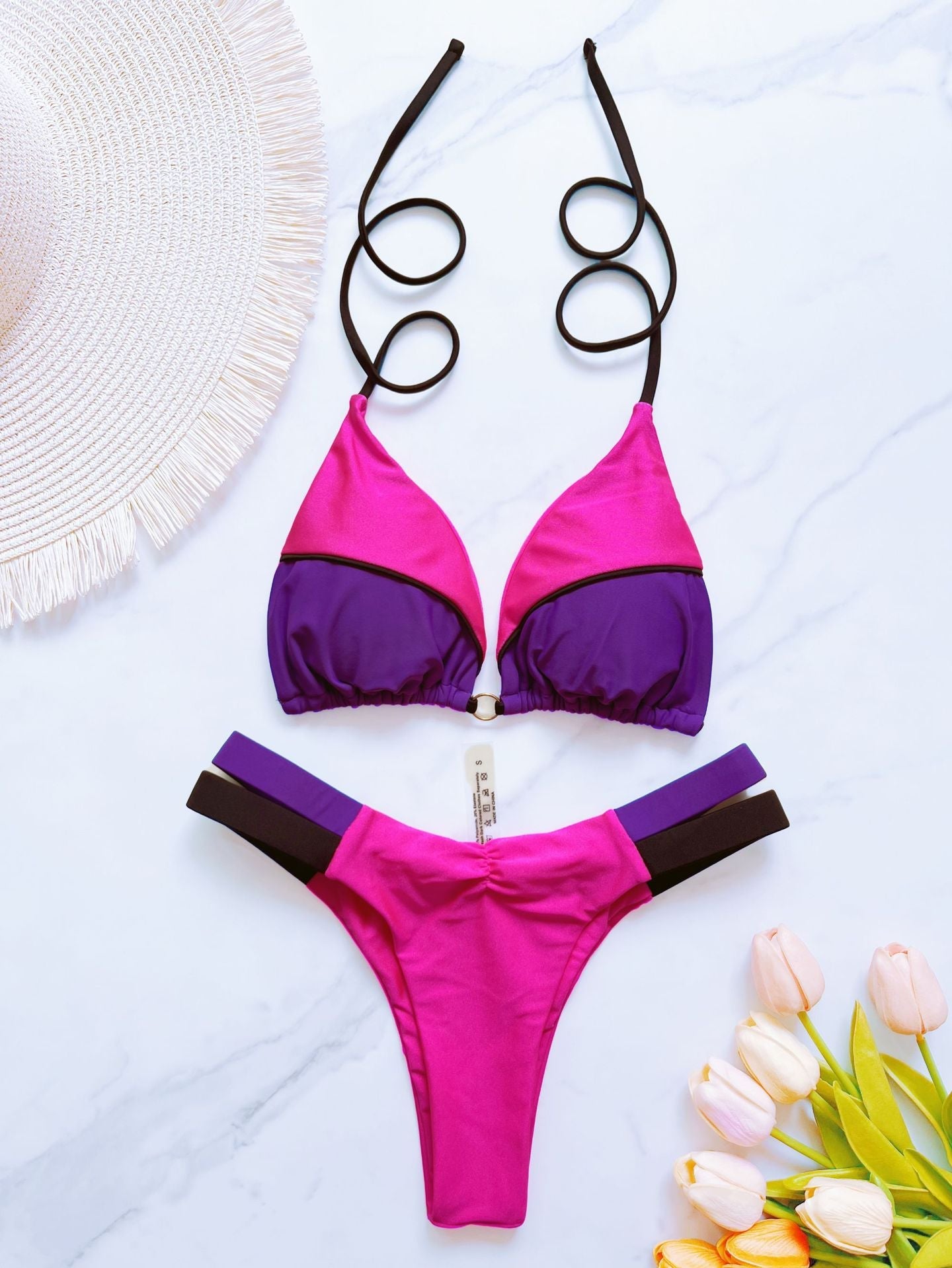 Bikini Solid Color Stitching Swimsuit Beach Sexy Women Swimsuit