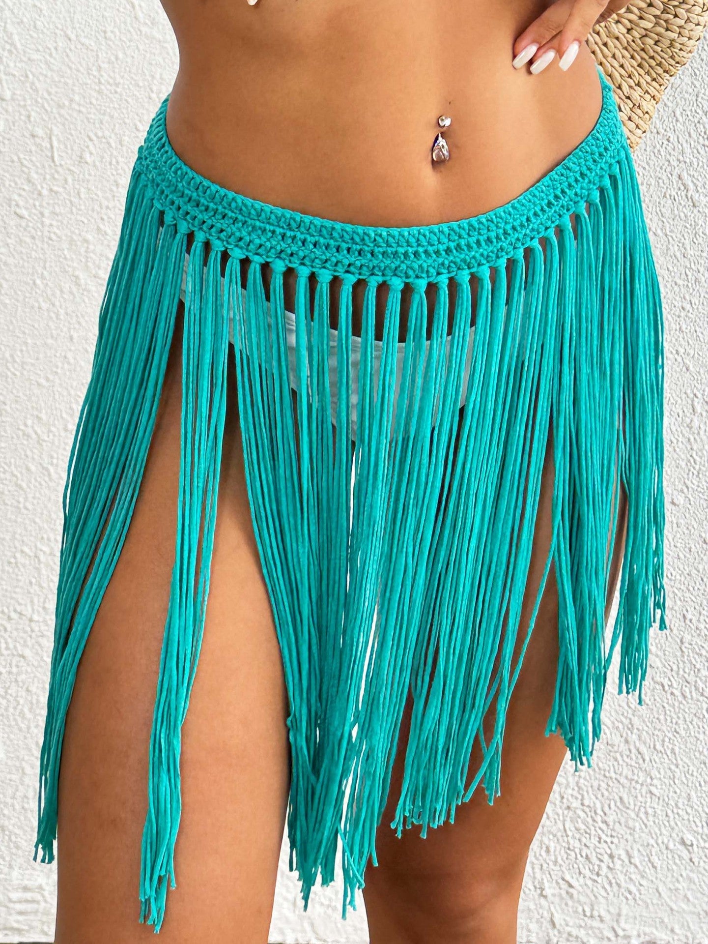 Women Lace up Skirt Women Clothing Beach Beach Cover Up Pure Hand Crocheting Tassel Skirt Overskirt