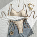 Texture Bikini Women Contrast Color Lace up Split Swimwear Swimsuit Bikini