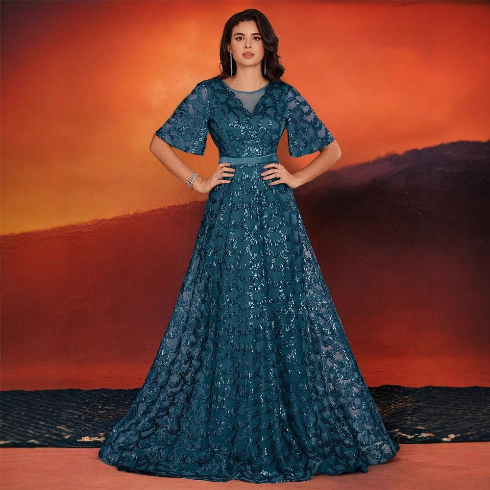 Sequined A line Elegant Square Collar Short Sleeve Party Dress Boning Corset Waist-Tight Dinner Ball Gown